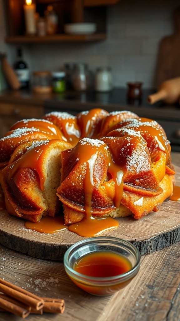 Golden-brown monkey bread with cinnamon sauce on a wooden table, pieces pulled apart.